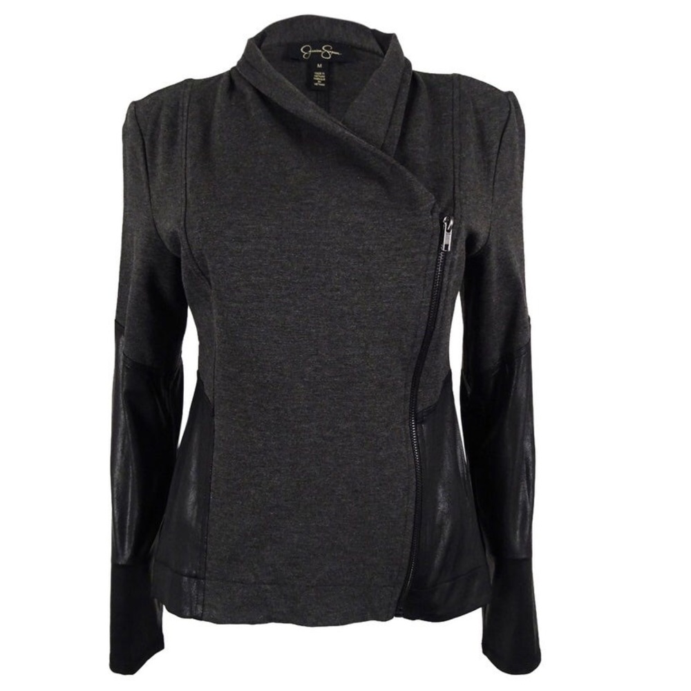 Faux leather trim black moto jacket